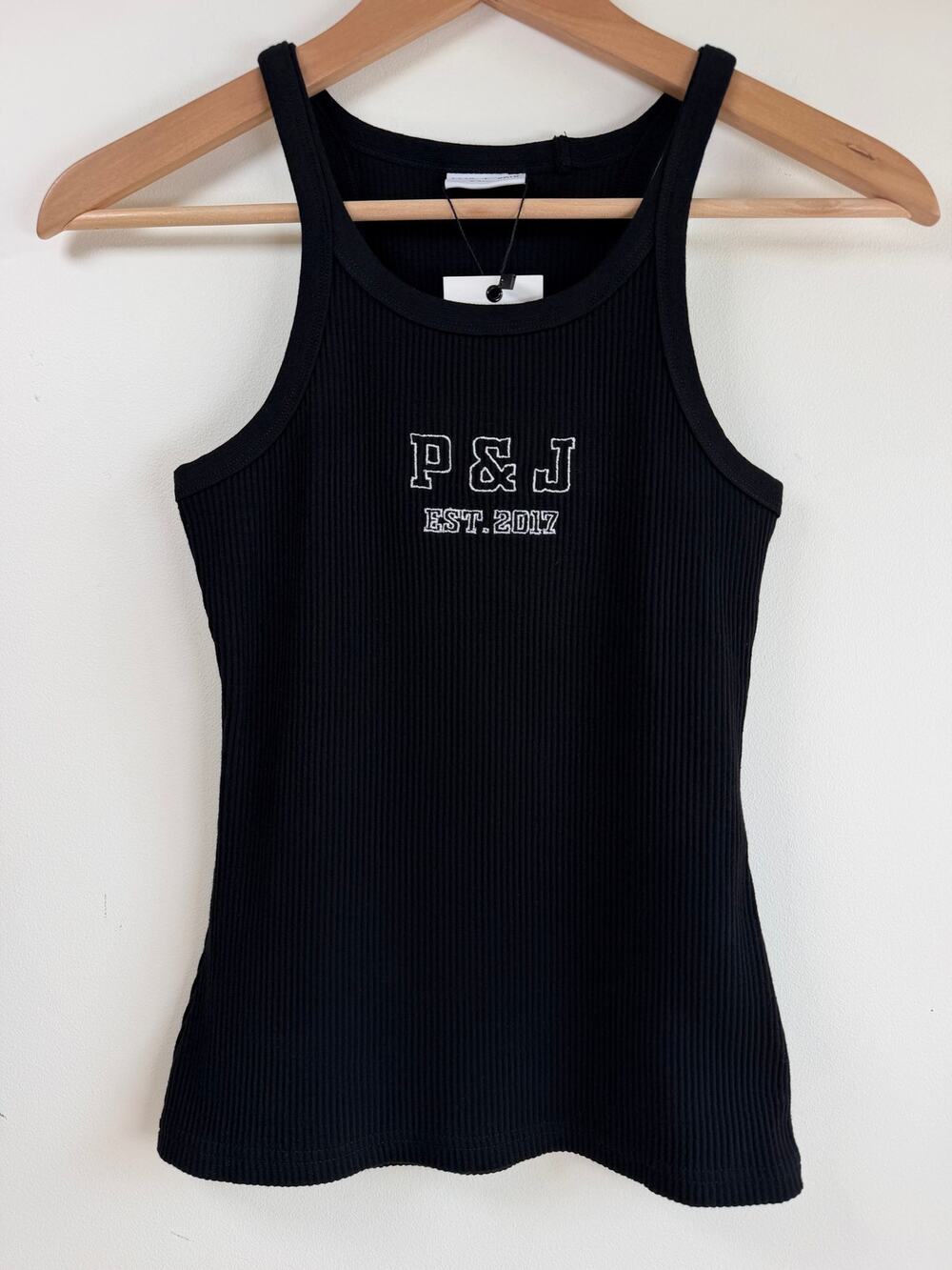 NWT Peta + Jain P&J Ribbed Logo Tank Top Black Cotton Stretch XS Streetwear Y2K